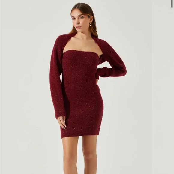 💃🏽🆕 NWT ASTR the Label TAMARA SHRUG AND MINI SWEATER DRESS - Wine - Size M - Picture 6 of 13